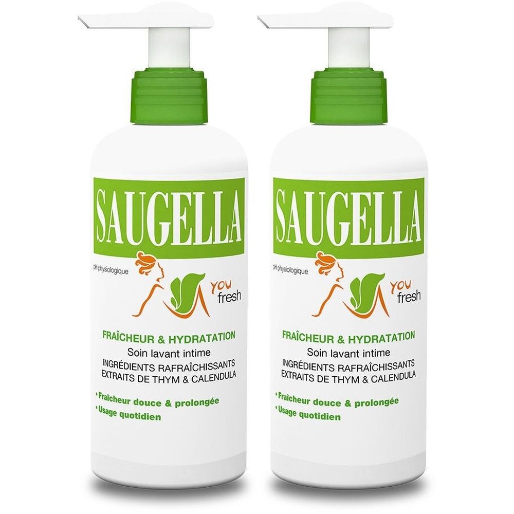 Deux flacons blancs avec bouchon vert, étiquette SAUGELLA. Inscription: Fraîcheur & Hydratation, Soin lavant intime. Extraits de thym et calendula.