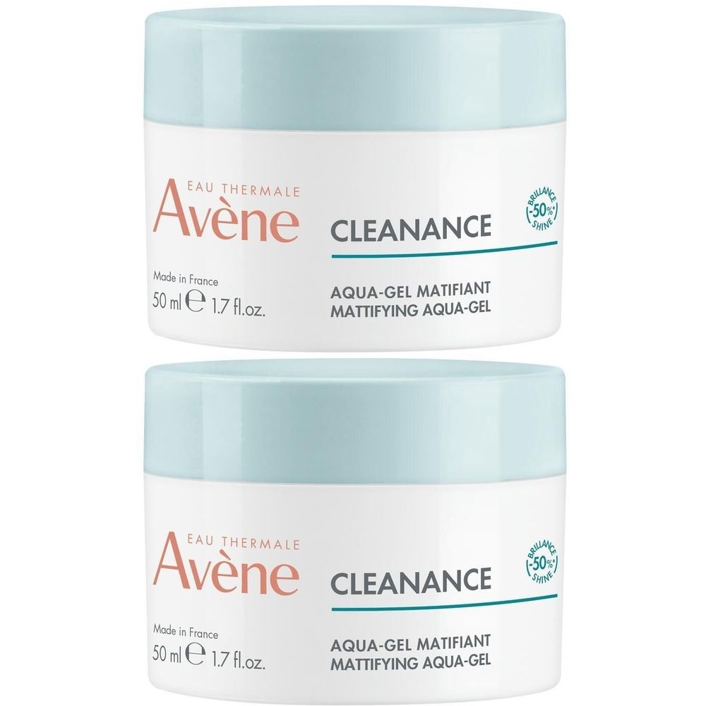 Deux pots de AVÈNE Cleanance Aqua-Gel Matifiant. Pots blancs avec couvercles bleu clair. Inscription : Cleanance, Aqua-Gel Matifiant, 50 ml.