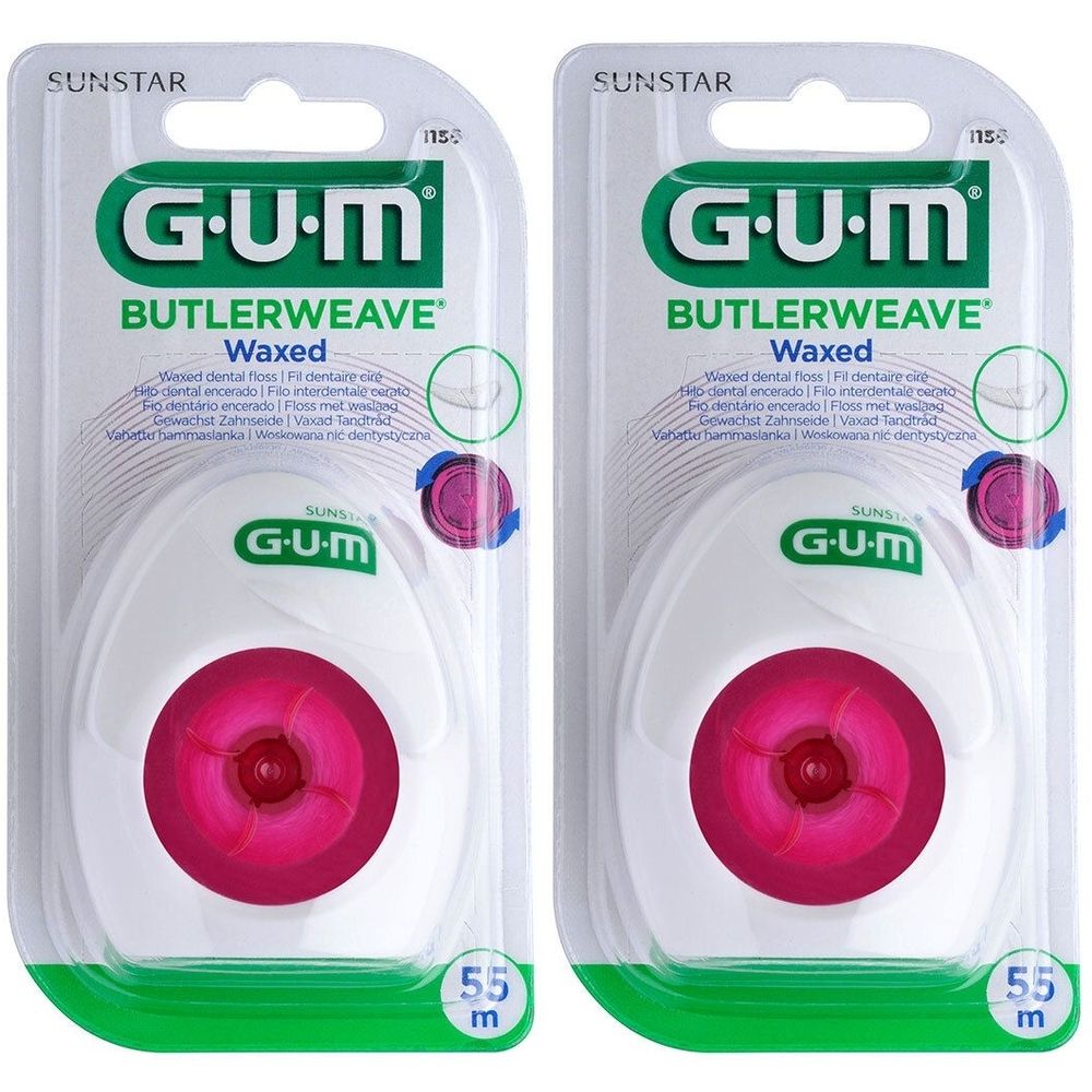 Deux paquets de fil dentaire GUM BUTLERWEAVE ciré. Boîtiers blancs avec bobine rose. 55 m.