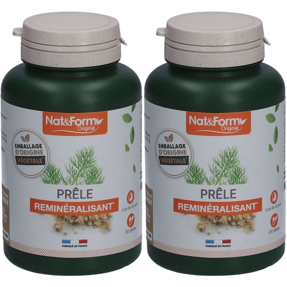 Deux flacons verts avec couvercles beiges. Étiquettes avec "Nat&Form Original" et "PRÊLE REMINÉRALISANT".