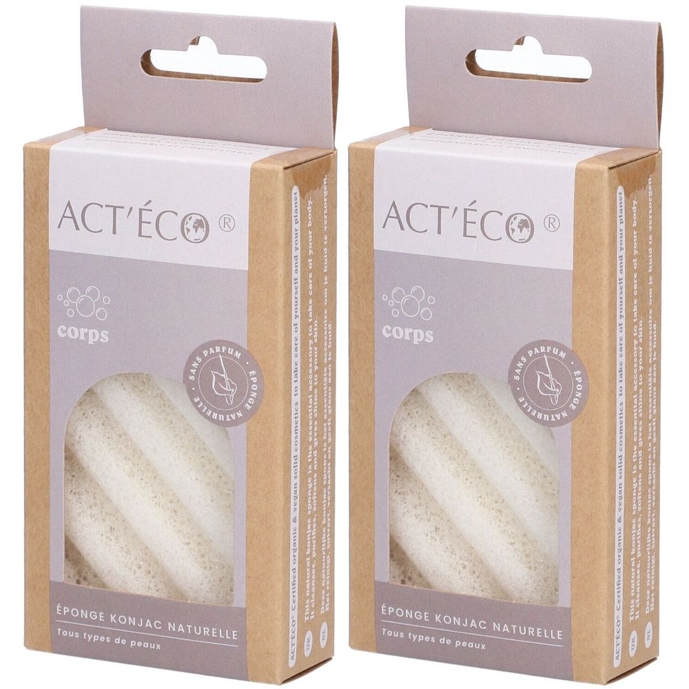 Deux boîtes rectangulaires avec éponges Konjac. Inscription : ACT'ÉCO, corps, Éponge Konjac Naturelle. Éponge naturelle rainurée.