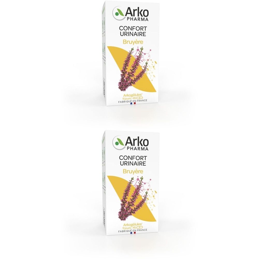 Zwei Packungen mit weißer Verpackung. Aufschrift: Arko Pharma, Confort Urinaire Bruyère. Abbildung einer Pflanze.