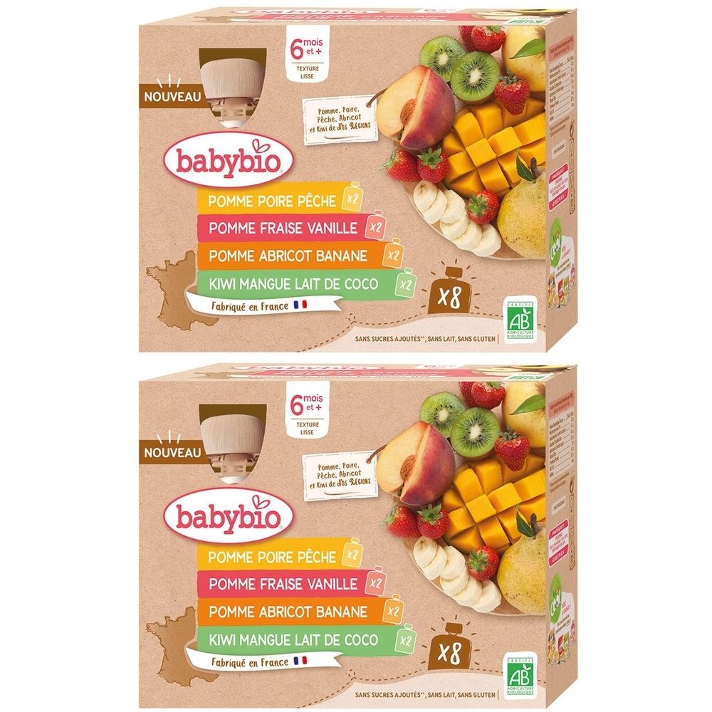 Verpackung mit Babybio-Fruchtpürees. Enthält verschiedene Geschmacksrichtungen. Mit AB-Bio-Logo und Herkunftsland Frankreich.