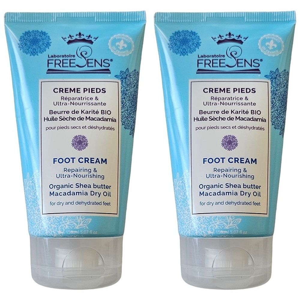 Deux tubes de Freesens Crème pour les pieds. Emballage bleu clair avec étiquette blanche. Texte: Crème Pieds, Foot Cream.