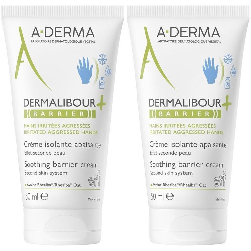 Deux tubes de crème A-DERMA Dermalibour+. Pour mains irritées. 50 ml. Crème isolante apaisante.