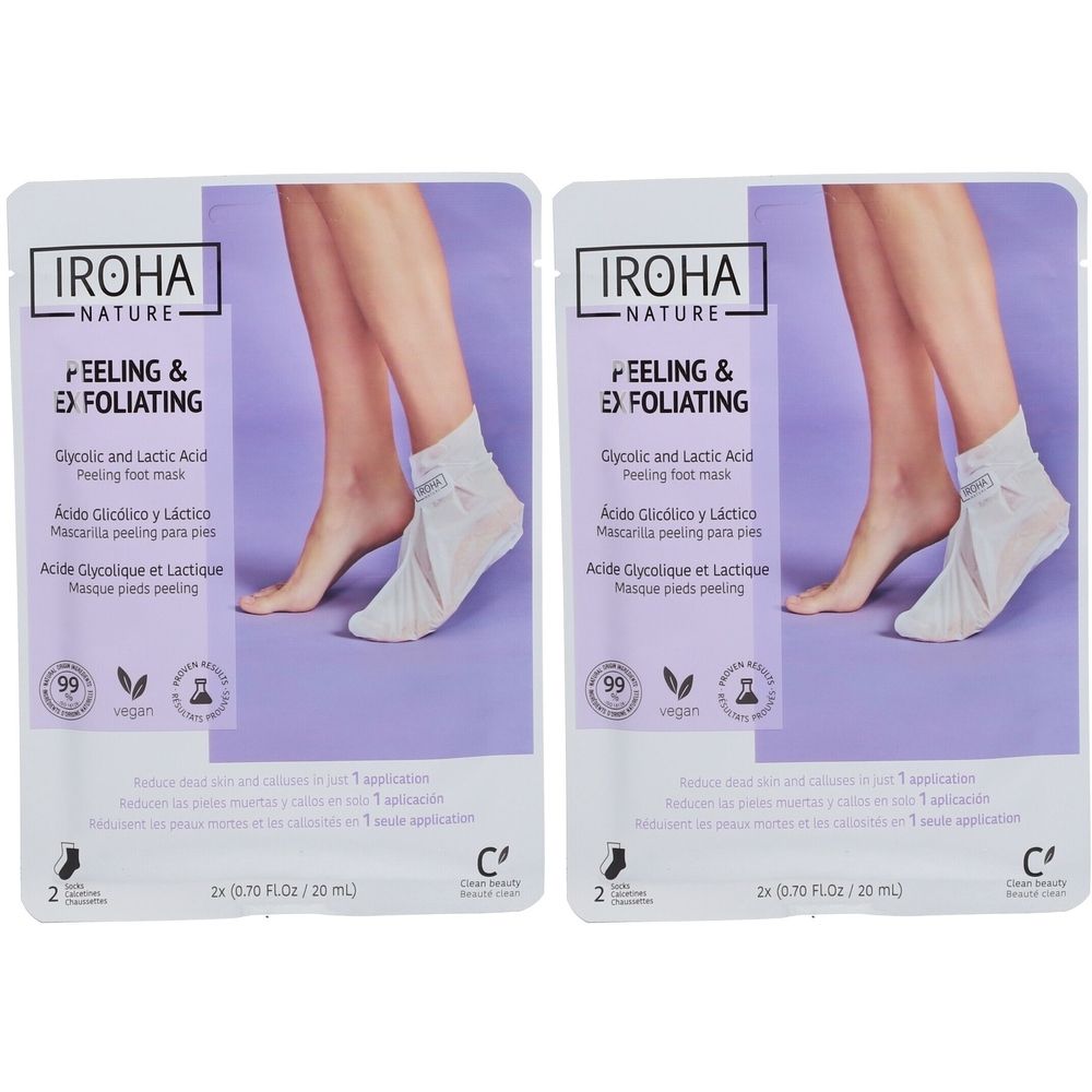 Deux sachets de masques exfoliants pour les pieds. Inscription : IROHA NATURE, FEELING & EXFOLIATING. Contient de l'acide glycolique et lactique. Vegan. 2 x 20 ml.