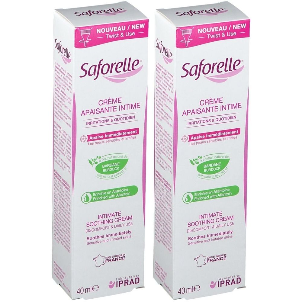 Zwei Saforelle-Creme-Packungen. Weiße Schachteln mit rosa Akzenten. Text: Crème Apaisante Intime, Intimate Soothing Cream. 40ml.