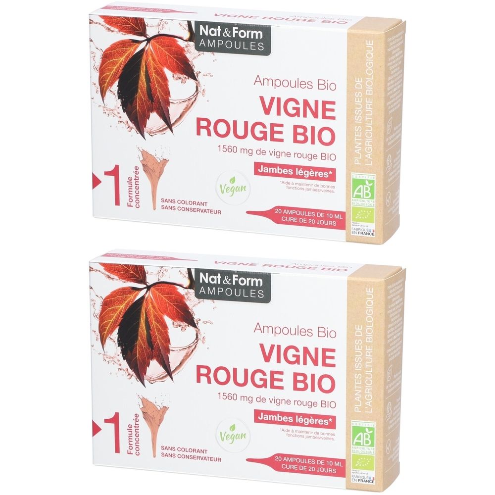 Zwei Schachteln Nat&Form Ampullen. Aufdruck: Vigne Rouge Bio, 1560 mg, vegan, AB-Siegel. Aufschrift: Jambes légères.