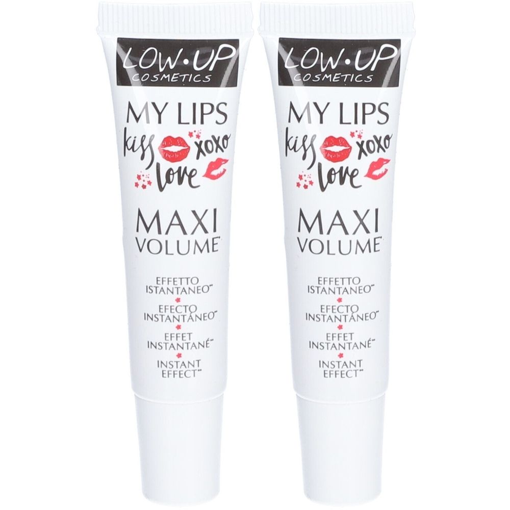 Deux tubes blancs avec l'inscription LOW-UP COSMETICS, MY LIPS, MAXI VOLUME. Texte en italien, espagnol et anglais.