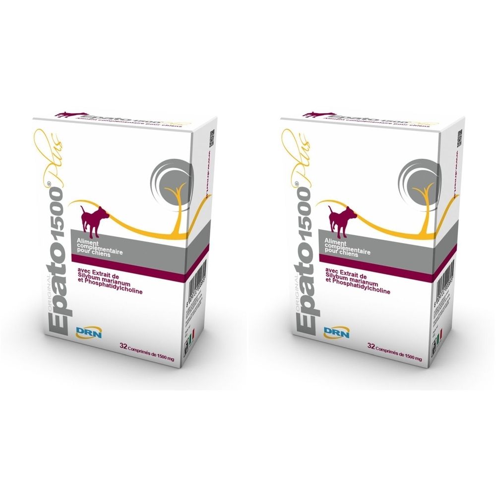 Zwei Schachteln DRN Epato 1500 Plus. Weiße Verpackung mit Produktnamen, Hund-Silhouette und Inhaltsangaben. 32 Tabletten.