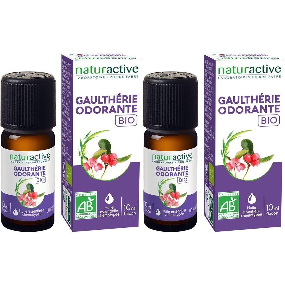 Drei Flakons und Verpackungen. Aufschrift: Gaulthérie odorante BIO. AB-Zertifizierung. 10 ml.