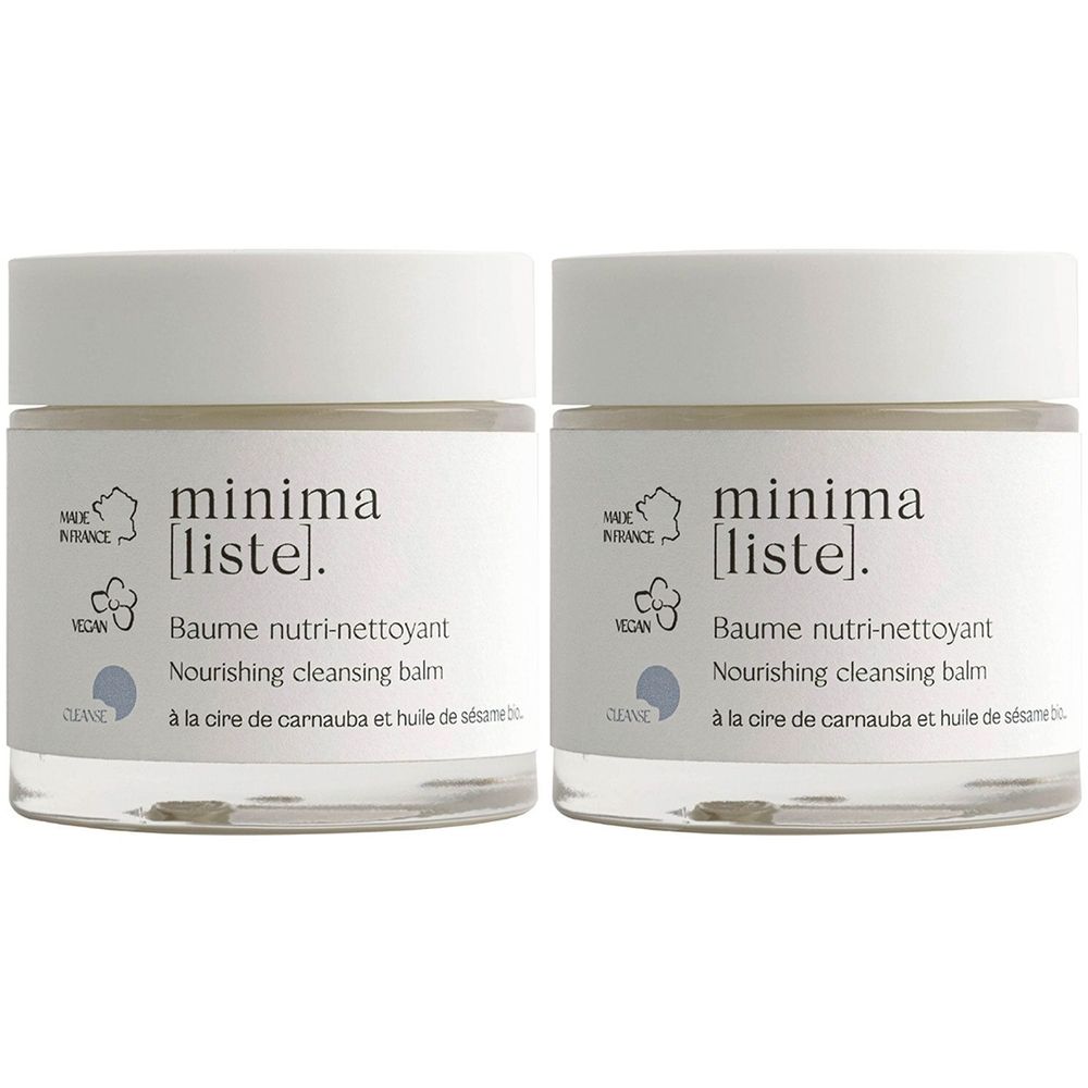 Zwei runde Tiegel mit weißem Deckel. Auf den Etiketten steht "minima [liste]" und "Baume nutri-nettoyant". Vegan-Siegel.