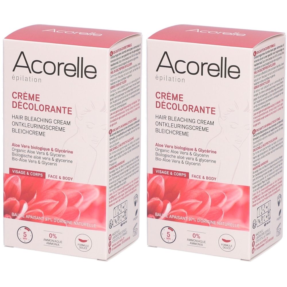 Deux boîtes "Acorelle Crème Décolorante". Inscriptions multilingues. Emballage rose et blanc, pour visage et corps.