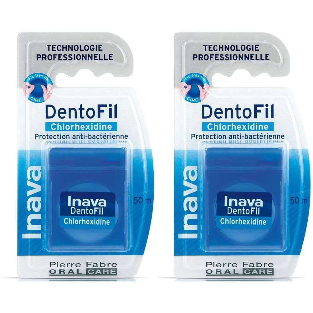 Zwei Packungen Zahnseide. Aufschrift: DentoFil Chlorhexidine, antibakterieller Schutz. Marke: Inava. Verpackung mit Aufhänger.