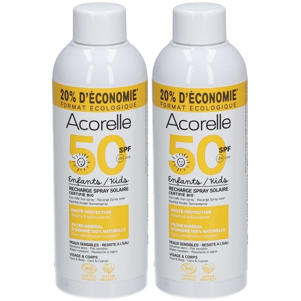 Zwei weiße Flaschen mit gelben Etiketten. Auf den Etiketten steht "Acorelle 50 SPF Enfants/Kids". Text: "20% D'ÉCONOMIE".