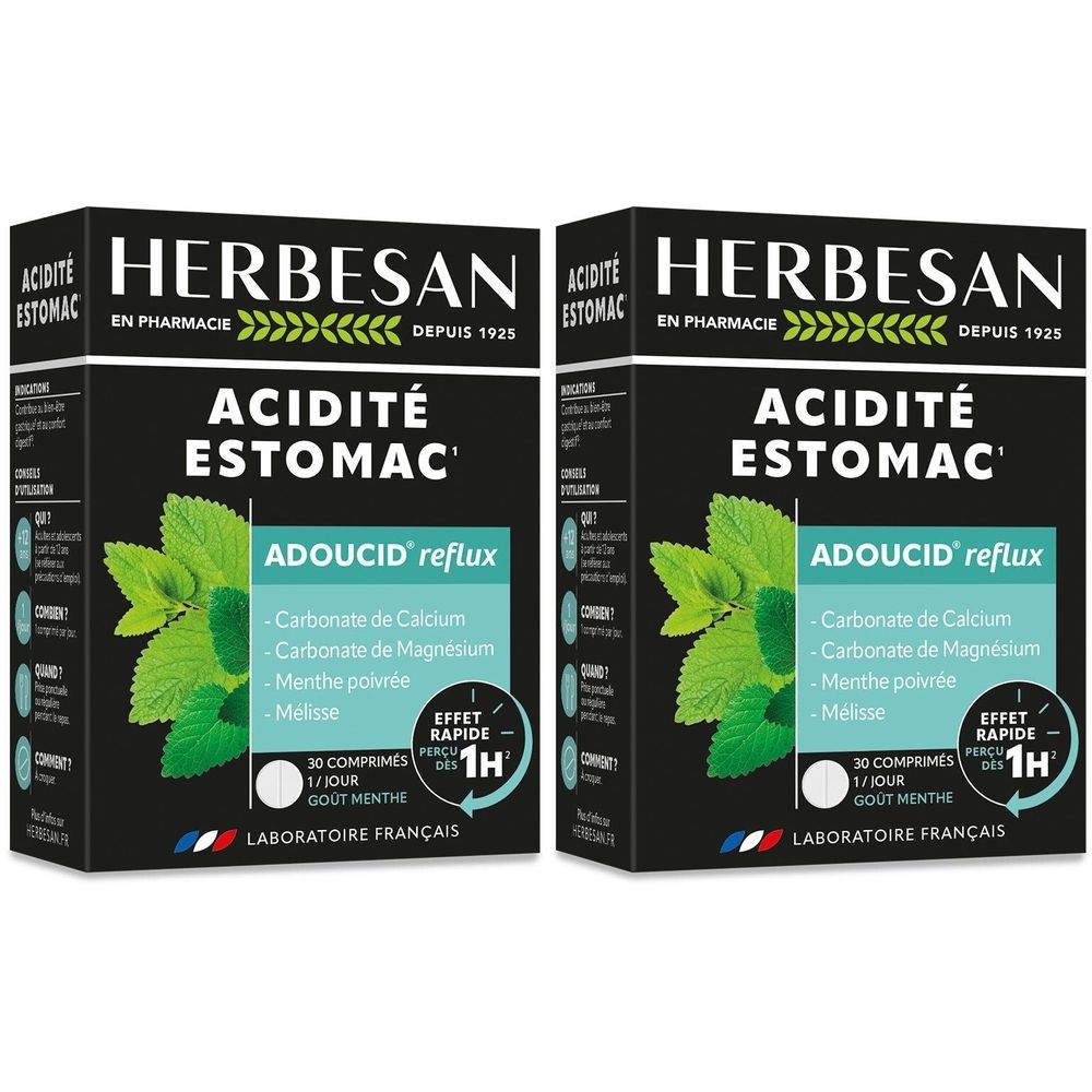 Zwei Schachteln Herbesan® Adoucid® Estomac. Schwarze Verpackung mit weißer Schrift. Enthält 30 Tabletten. Mit Pfefferminzgeschmack.