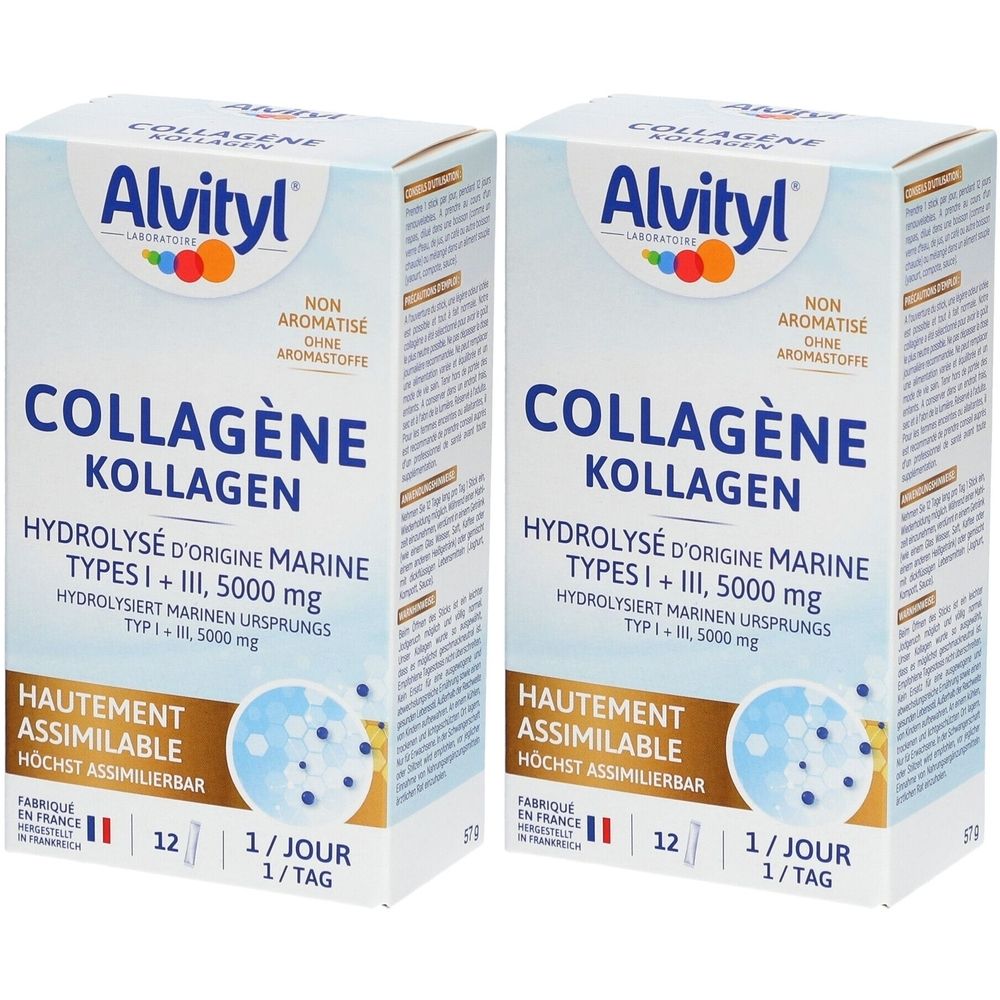 Zwei Kartons Alvityl Collagène Kollagen. Aufschrift: Hydrolysiertes Meereskollagen Typ I + III, 5000 mg. 12 Stück, 1 pro Tag.