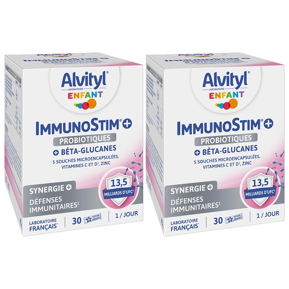Zwei Kartons Alvityl ImmunoStim. Aufschrift: Probiotika, Beta-Glucane, Vitamine C und Zink. Rosa und weiße Verpackung.