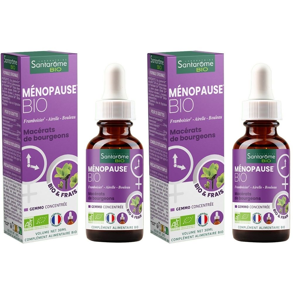 Deux flacons et emballages Santarome Bio Ménopause. Flacons bruns avec bouchon blanc, emballage violet.