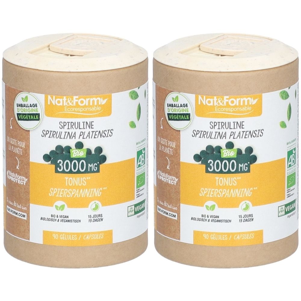 Zwei zylindrische Behälter mit Deckel. Aufschrift: Nat&Form, Spiruline, 3000 MG, Tonus, SpierSpanning. Bio-Zertifizierung und Vegan-Siegel.