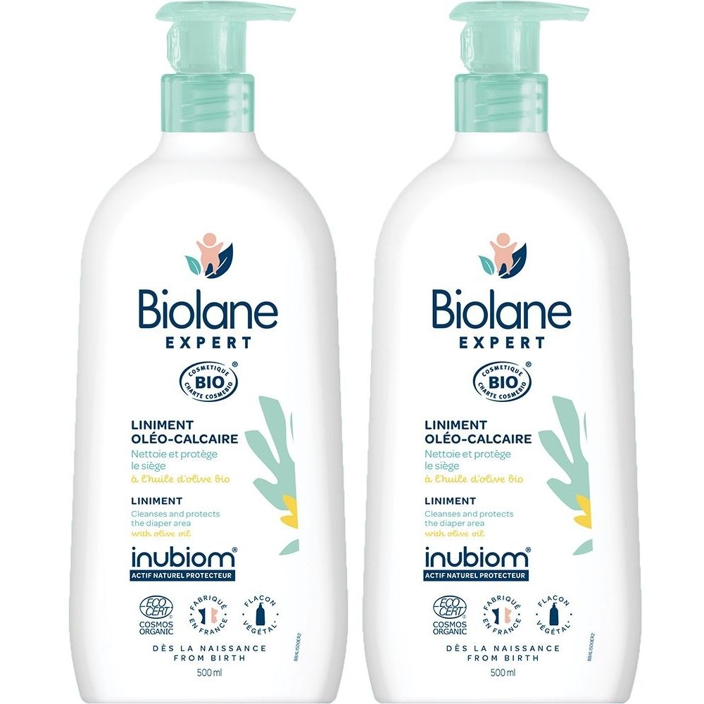 Zwei Flaschen Biolane Expert Liniment. Weiße Flaschen mit grünem Pumpkopf. Aufschrift: Liniment Oléo-Calcaire Bio.