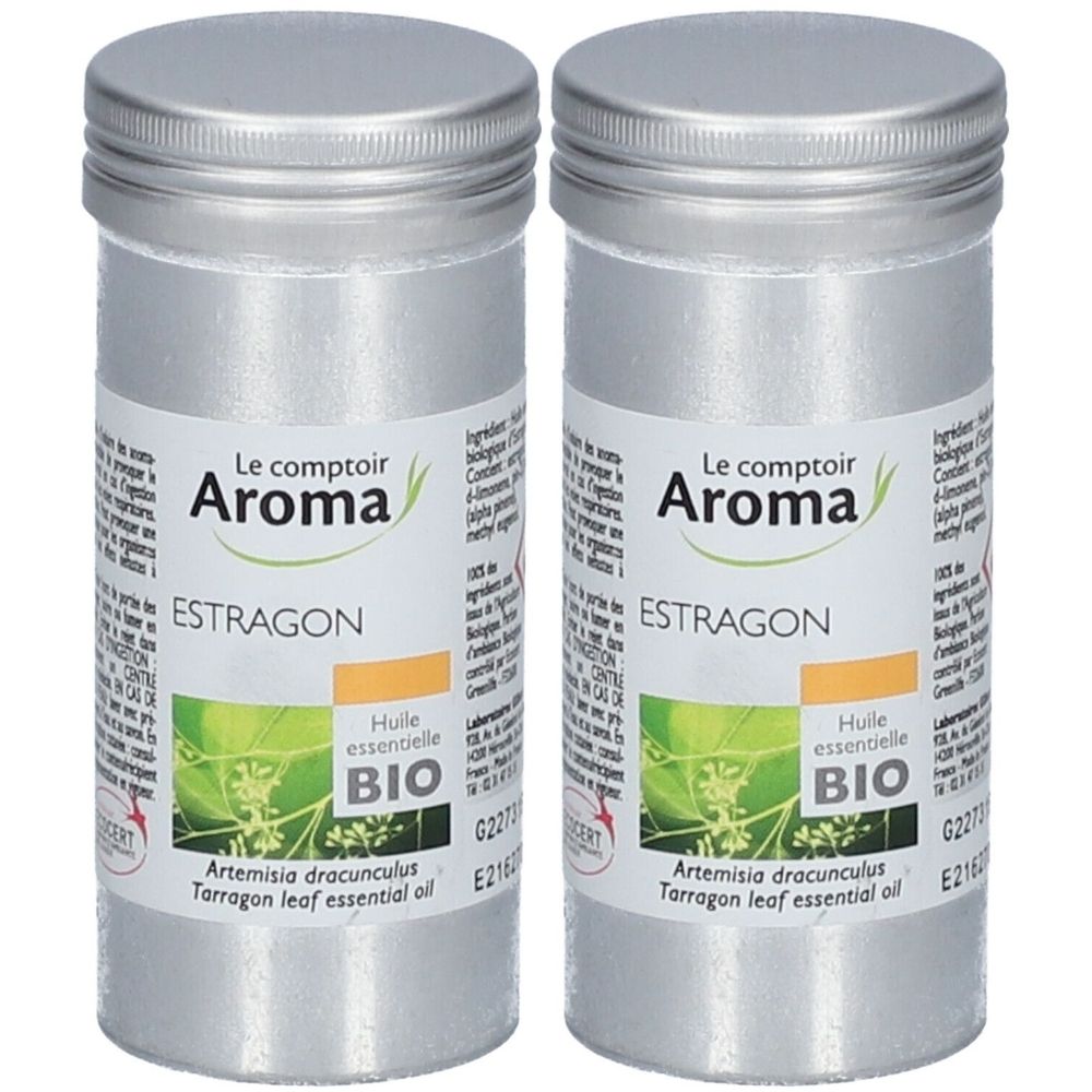 Zwei silberfarbene Dosen mit Etiketten. Auf den Etiketten steht "Le comptoir Aroma", "Estragon", "Huile essentielle BIO".