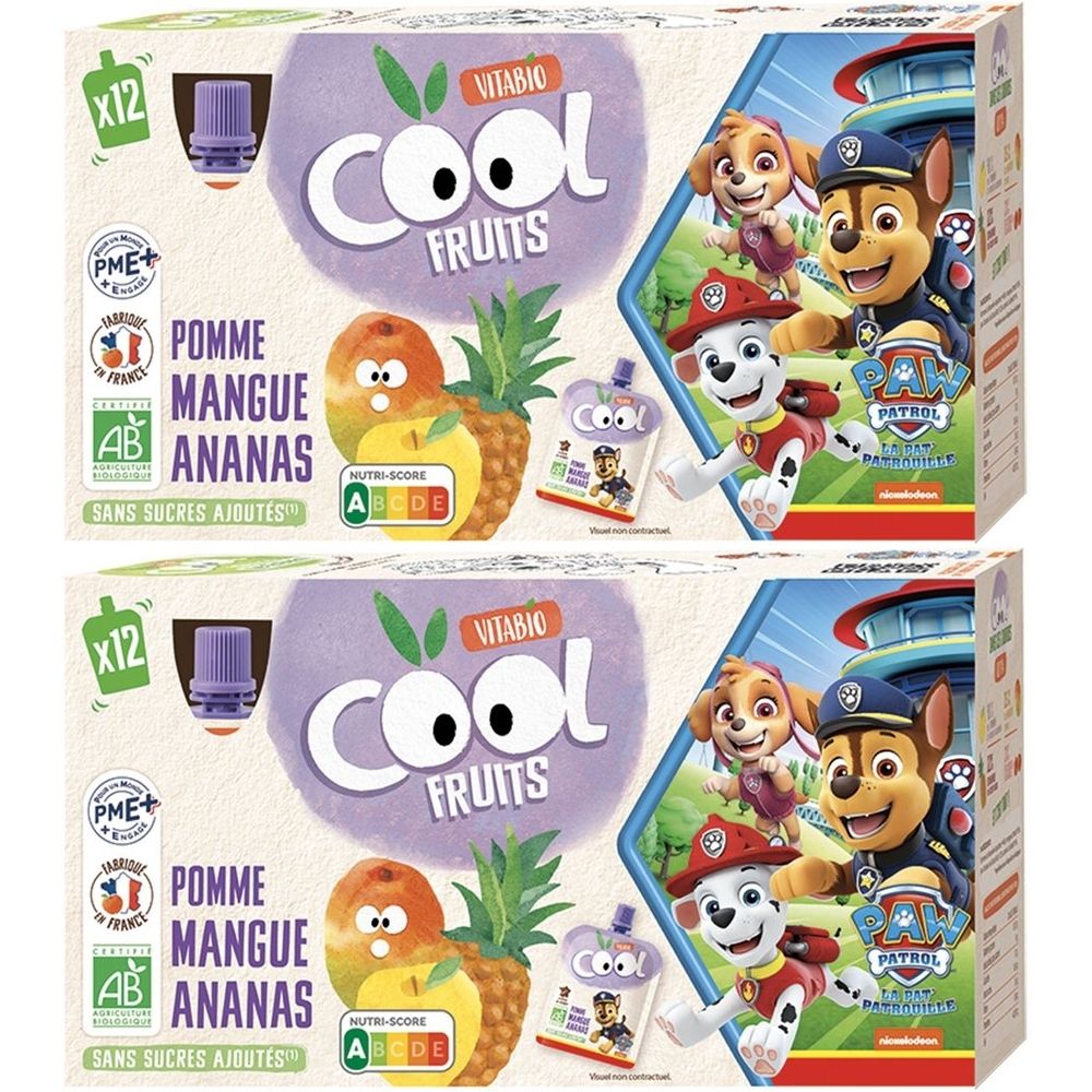 Emballage Cool Fruits. Inscriptions: Cool Fruits, Pomme Mangue Ananas, label AB bio, personnages Pat' Patrouille.