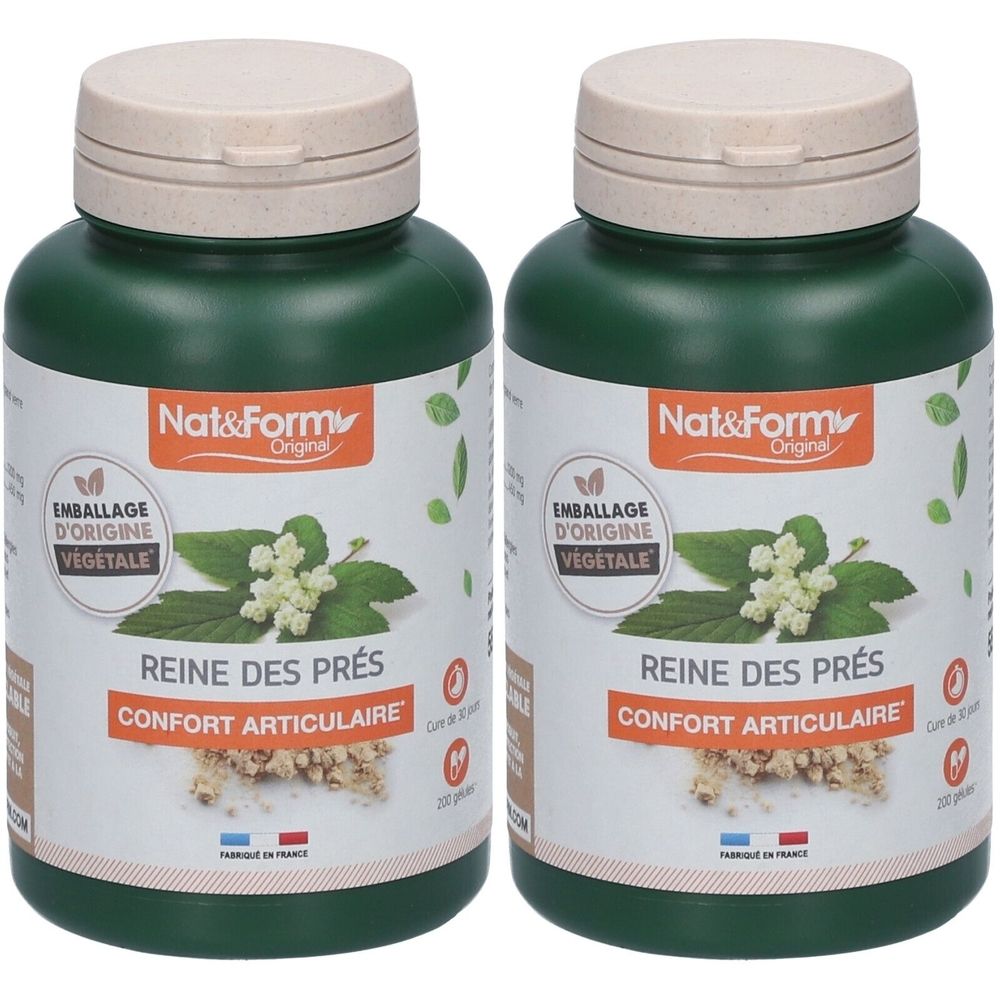 Deux flacons verts avec couvercles beiges. Inscription: Nat&Form, Reine des Prés, Confort Articulaire. Emballage d'origine végétale.