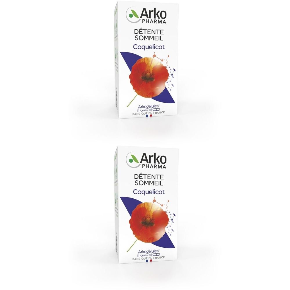 Deux boîtes Arkopharma. Texte: Détente Sommeil Coquelicot. Illustration d'une fleur rouge.