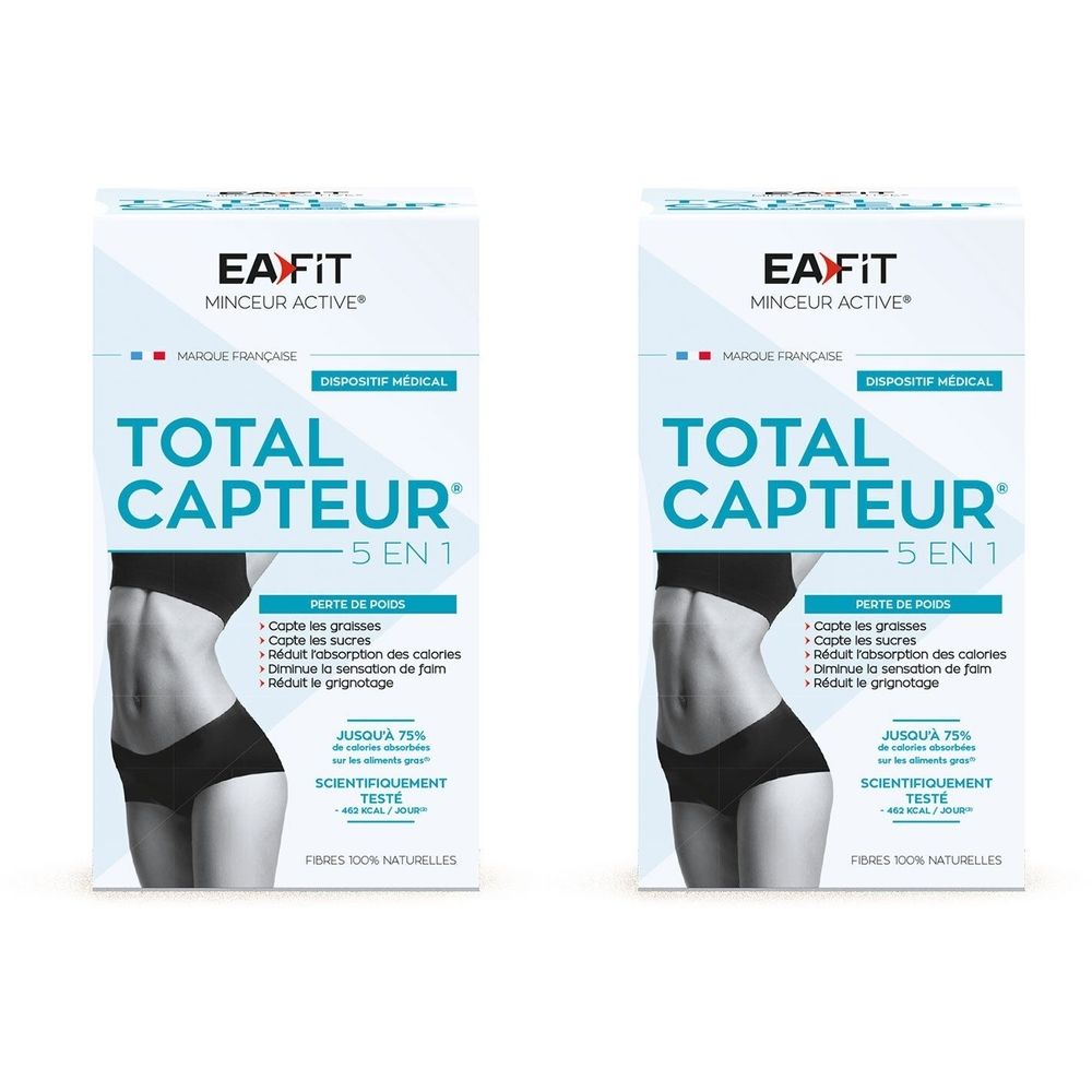 Deux boîtes de Total Capteur 5 en 1. Inscription: Total Capteur, 5 en 1, Perte de poids. Image d'une femme.