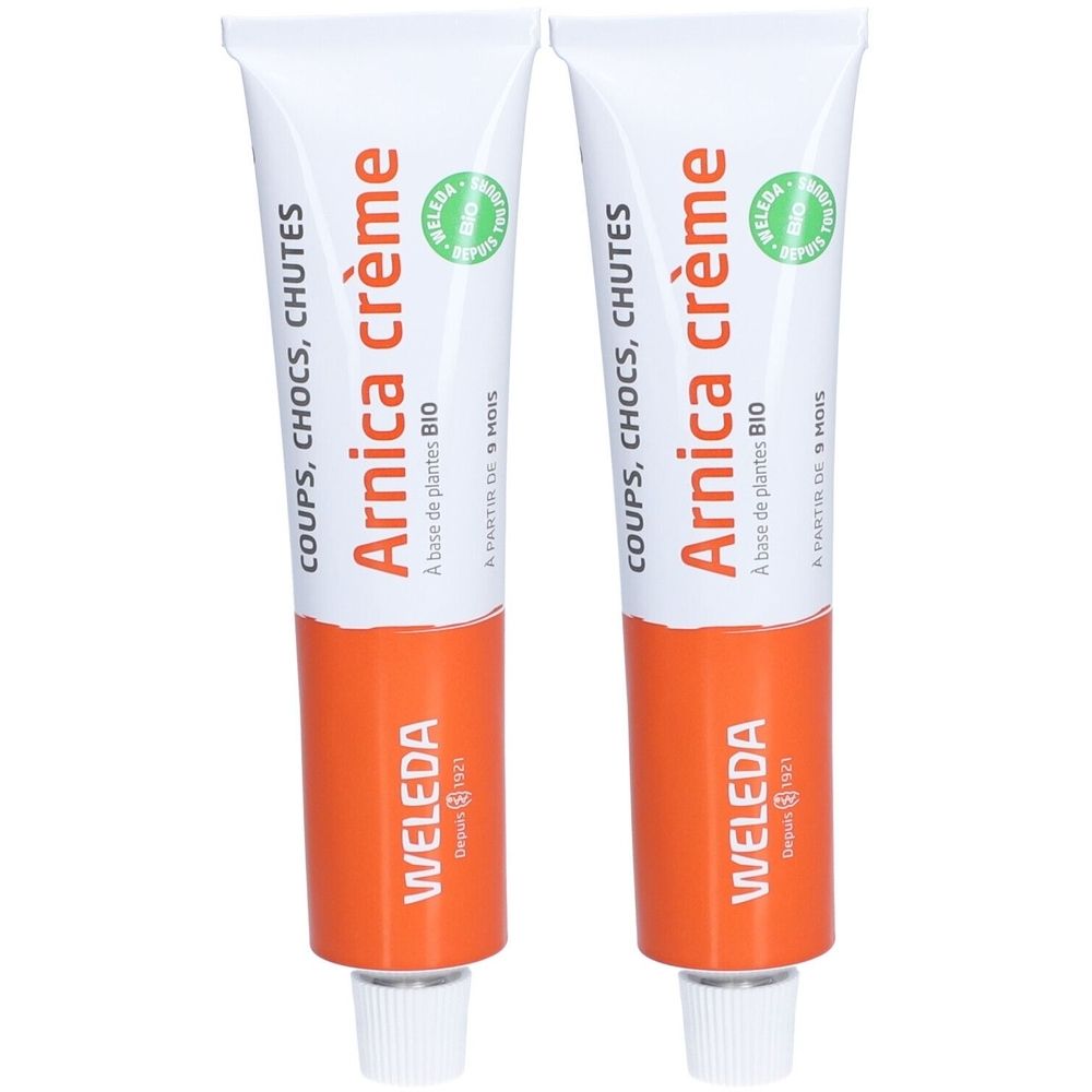 Deux tubes de crème "Arnica crème" avec le logo WELEDA. Texte: "COUPS, CHOCS, CHUTES". Inscription "A base de plantes BIO".