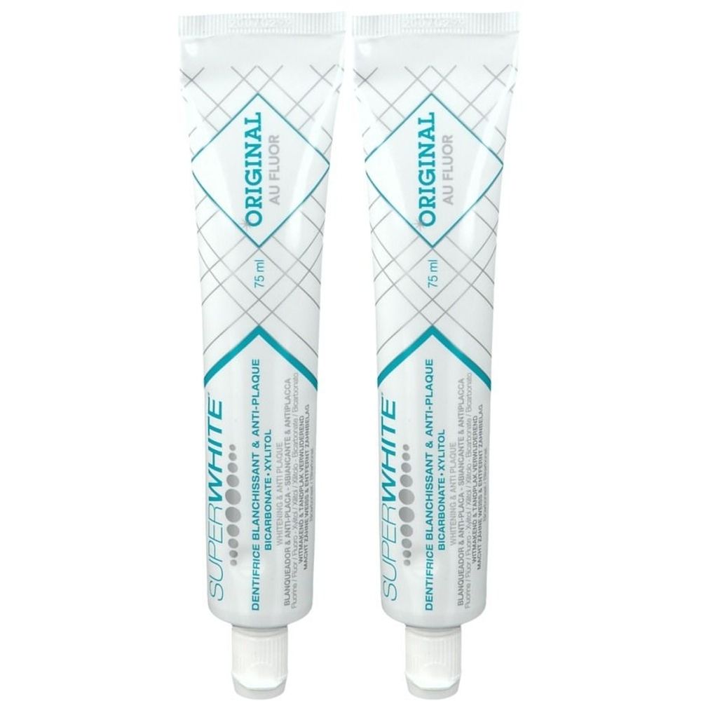 Deux tubes de dentifrice SUPERWHITE ORIGINAL AU FLUOR. Contient 75 ml. Dentifrice blanchissant et anti-plaque.