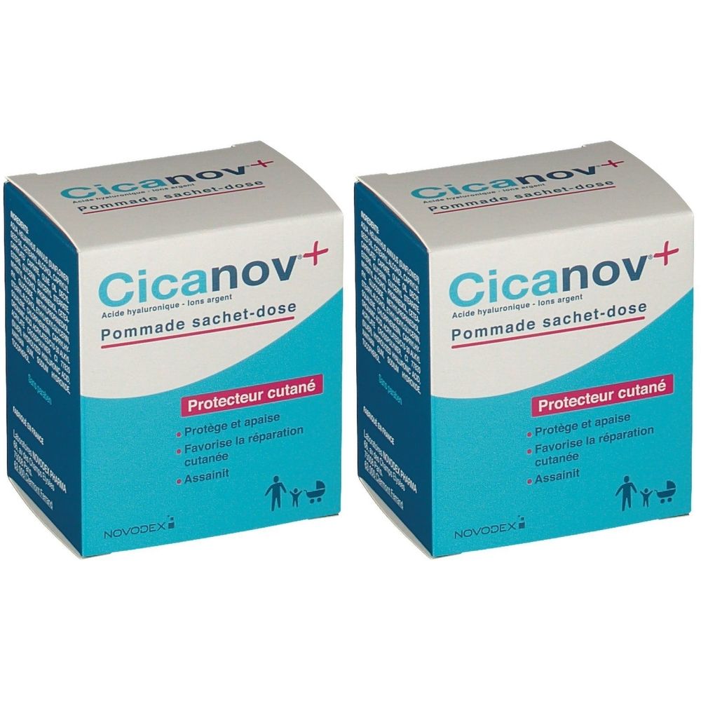 Deux boîtes de Cicanov+ Pommade sachet-dose. Emballage bleu, blanc et rouge. Texte: Protecteur cutané, Protège et apaise, Favorise la réparation cutanée.