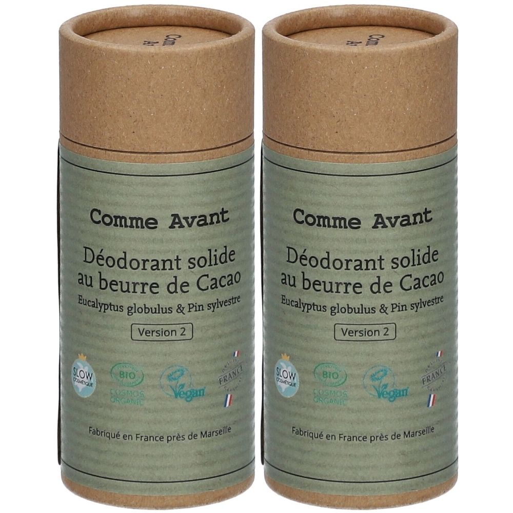 Deux cylindres en carton. Inscription: Comme Avant Déodorant solide au beurre de Cacao. Logos bio et vegan.