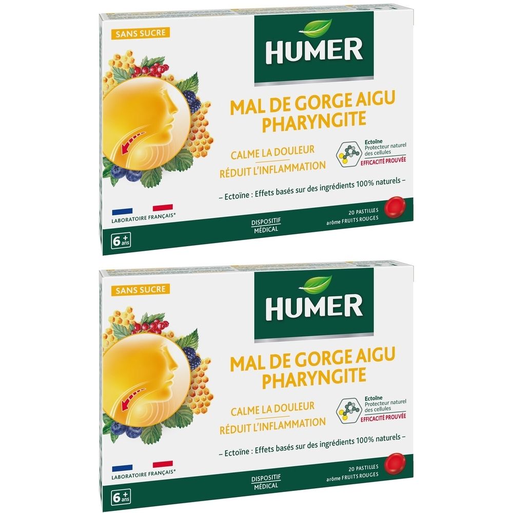 Zwei Packungen HUMER Mal de gorge Aigu Pharyngite. Weiße Schachteln mit grüner Schrift. Enthält 20 Pastillen.