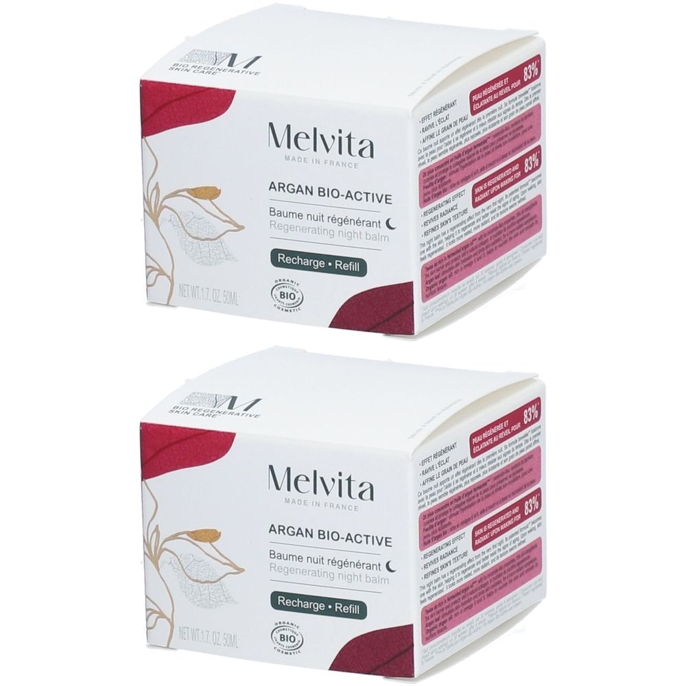 Zwei weiße Kartons mit Aufdruck. Aufschrift: Melvita, Argan Bio-Active, Baume nuit régénérant, Recharge-Refill. Bio-Siegel.