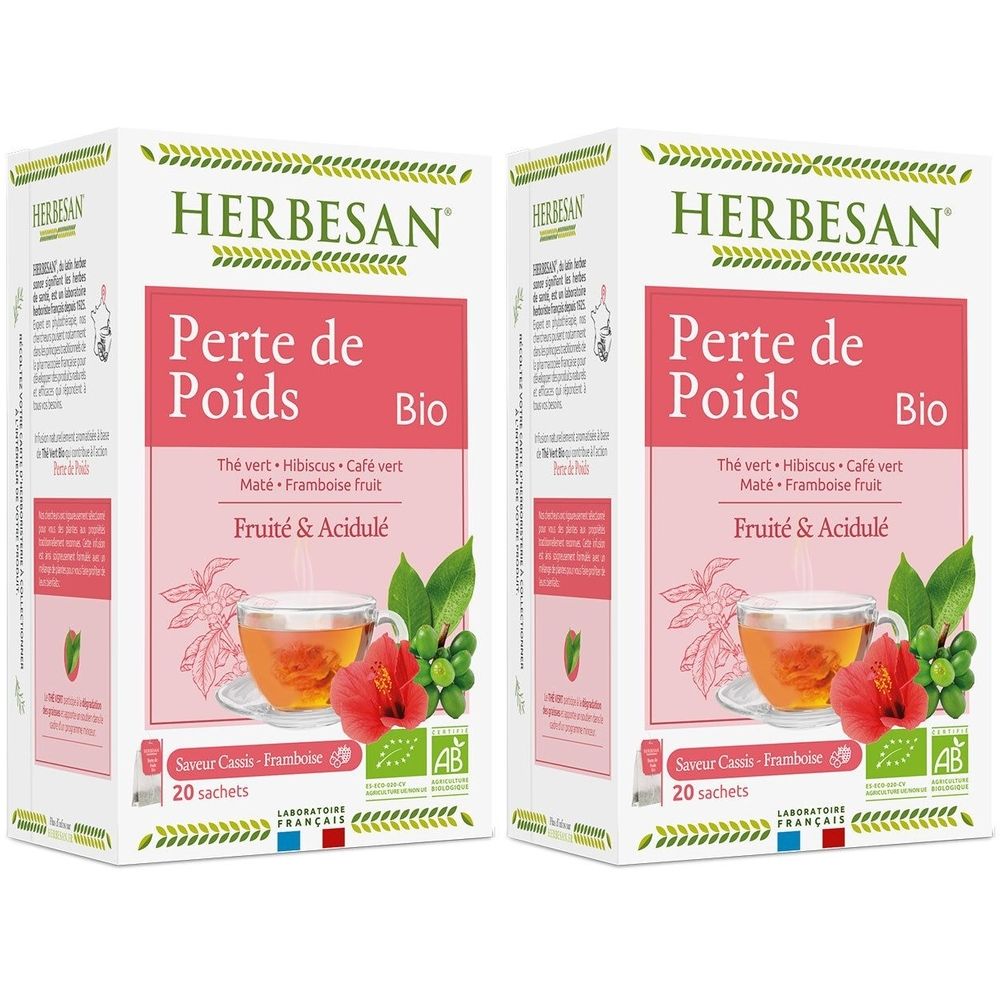 Zwei Packungen HERBESAN® Tee. Aufdruck: Perte de Poids, Bio. Enthält 20 Beutel. Geschmack: Fruité & Acidulé.