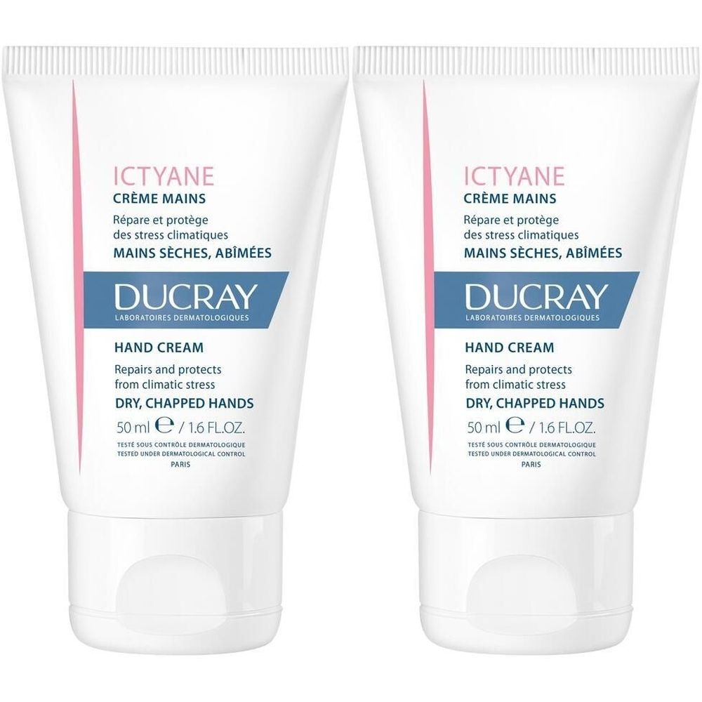 Zwei Tuben Handcreme. Aufschrift: ICTYANE, Crème Mains, DUCRAY. Für trockene, rissige Hände. 50 ml.
