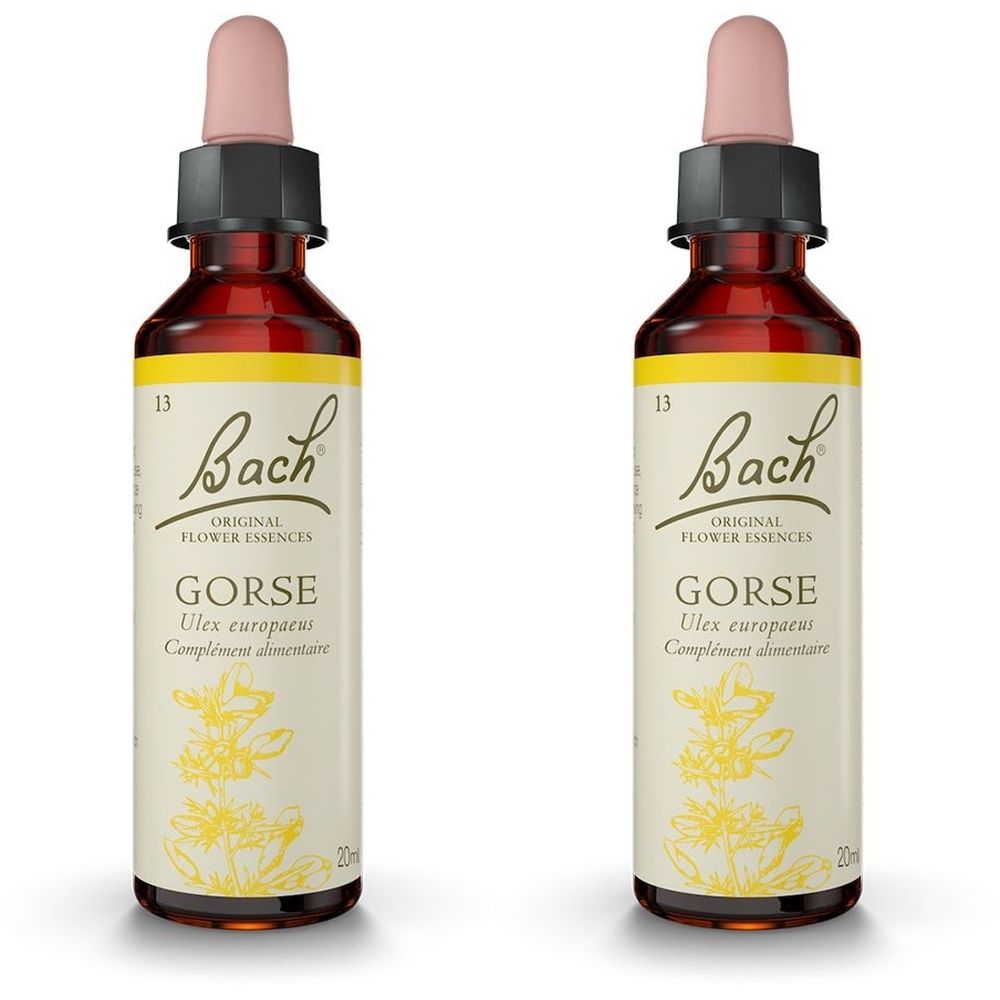 Deux flacons en verre brun avec pipette rose et étiquette. Inscription : Bach Original Flower Essences Gorse.