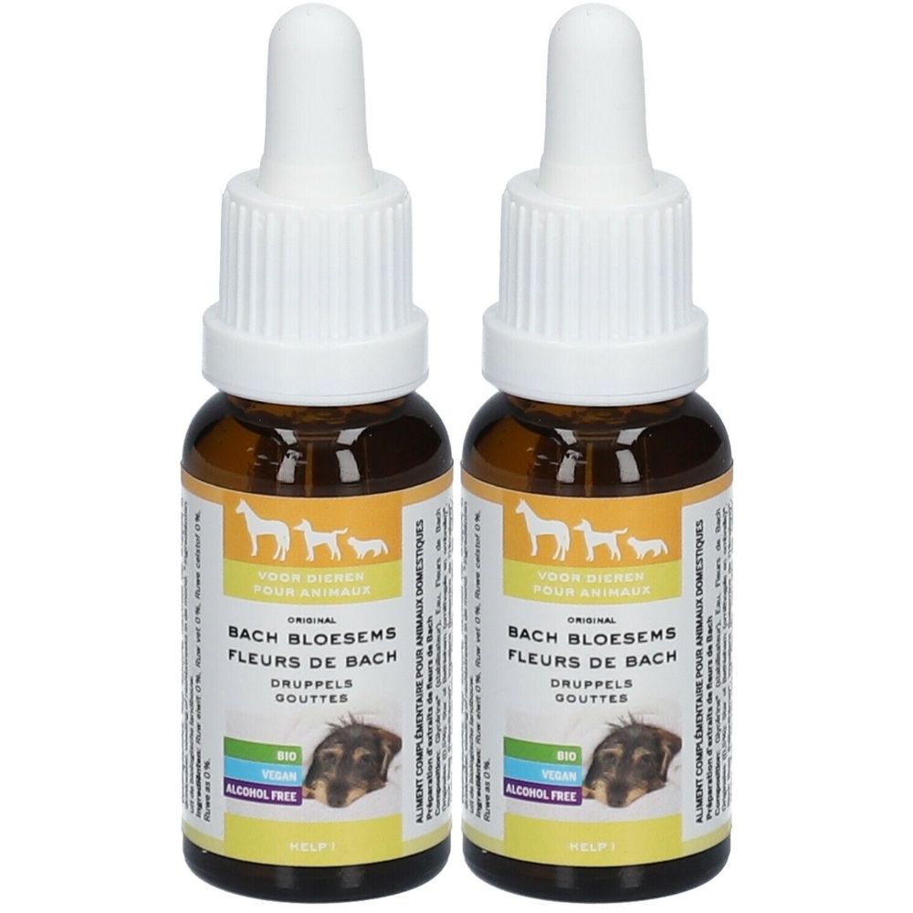 Deux flacons en verre brun avec compte-gouttes blancs. Étiquettes avec texte et images de chiens. Inscription : Bach Bloesems Fleurs de Bach.