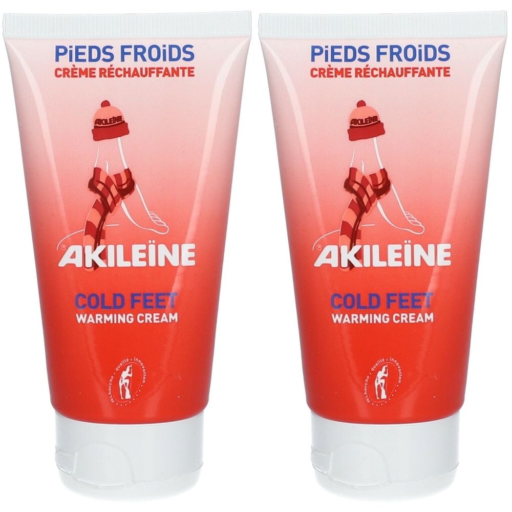 Deux tubes de crème. Inscription : PIEDS FROIDS, AKILEINE, COLD FEET WARMING CREAM. Illustration : pieds avec écharpe et bonnet.