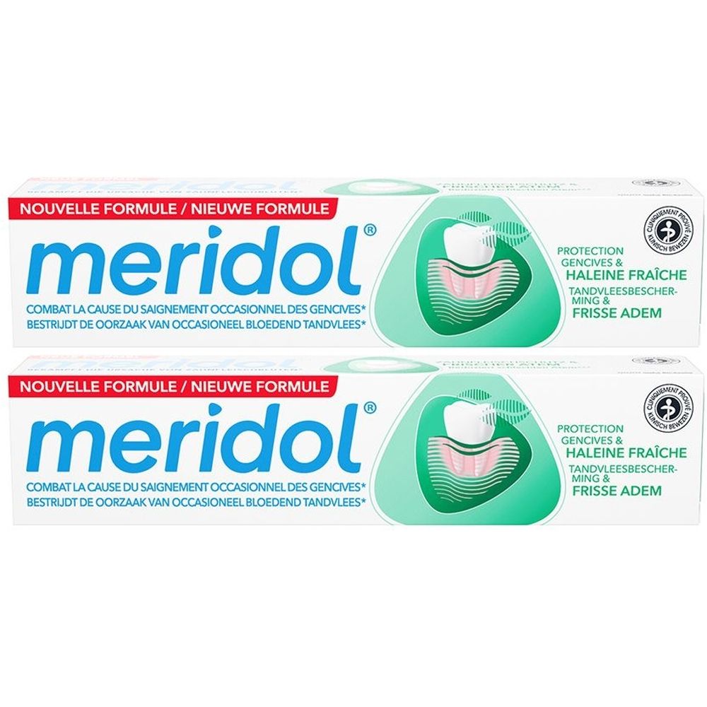 Zwei Tuben Zahnpasta, weiß mit blauer und grüner Schrift. Aufschrift: meridol, Nouvelle Formule, Schutz für Zahnfleisch und frischen Atem.