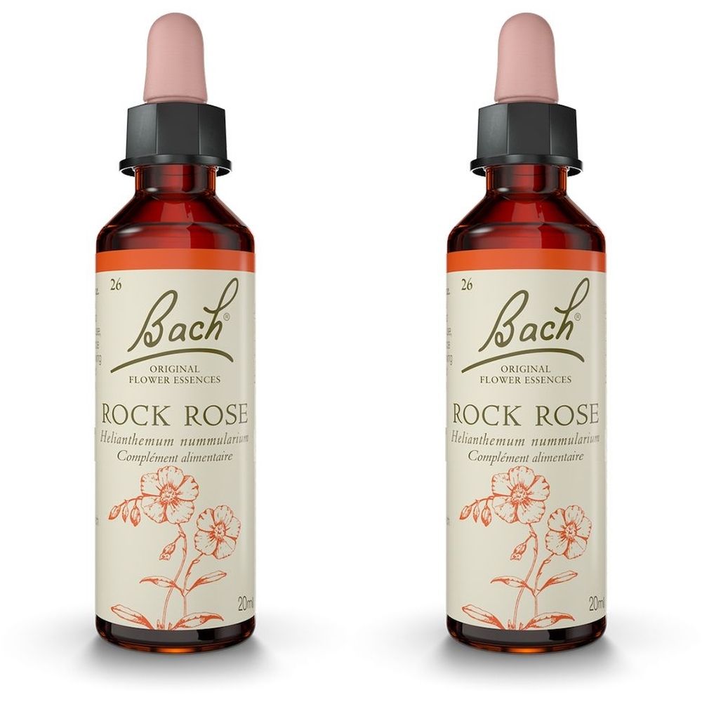 Zwei Flaschen mit braunem Glas und rosa Pipette. Auf dem Etikett steht "Bach Rock Rose".