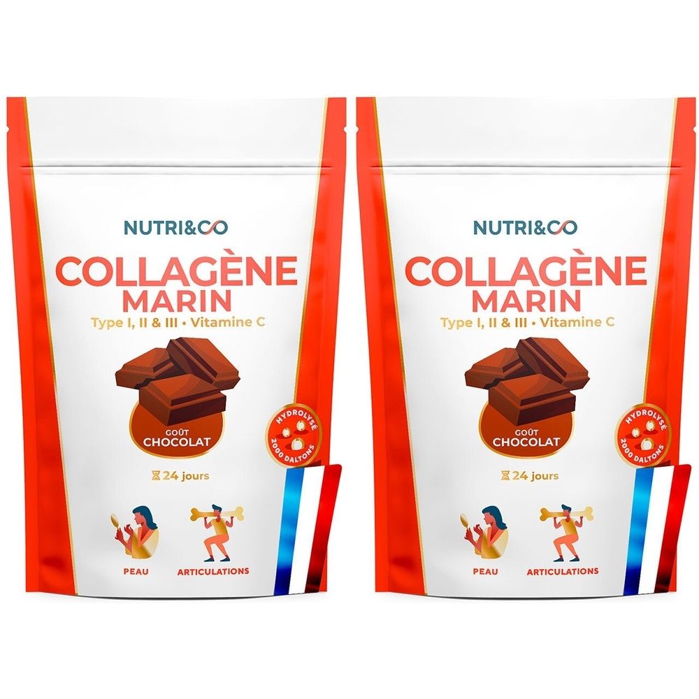 Deux sachets de COLLAGÈNE MARIN, goût chocolat. Contient de la vitamine C. Images de morceaux de chocolat et pictogrammes.