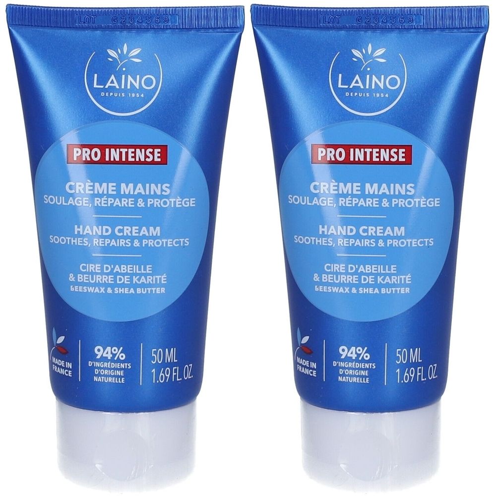 Deux tubes bleus de crème pour les mains. Inscription: LAINO, Pro Intense, Crème Mains, Hand Cream, Cire d'abeille & beurre de karité. 94% d'ingrédients d'origine naturelle.