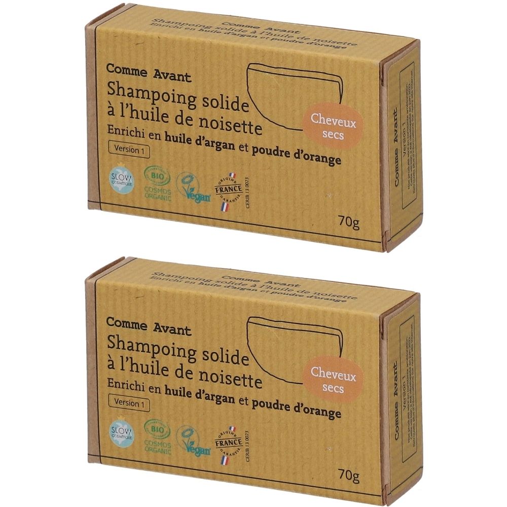 Deux boîtes de shampoing solide. Inscription : Comme Avant, Shampoing solide, enrichi à l'huile d'argan et poudre d'orange. Pour cheveux secs.