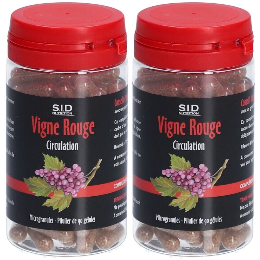 Deux flacons transparents avec bouchons rouges. Étiquettes avec "Vigne Rouge Circulation" et "SID Nutrition". Contiennent des gélules.
