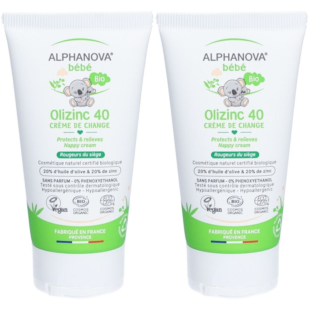 Deux tubes de crème. Inscription: ALPHANOVA bébé, Olizinc 40, Crème de Change. Certifié bio, vegan.