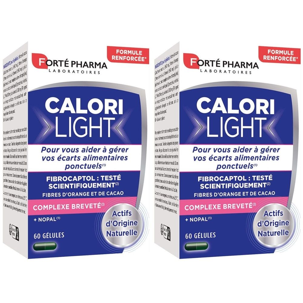 Zwei Schachteln mit der Aufschrift "CALORI LIGHT". Aufschrift "FORTÉ PHARMA". Enthält 60 Kapseln.