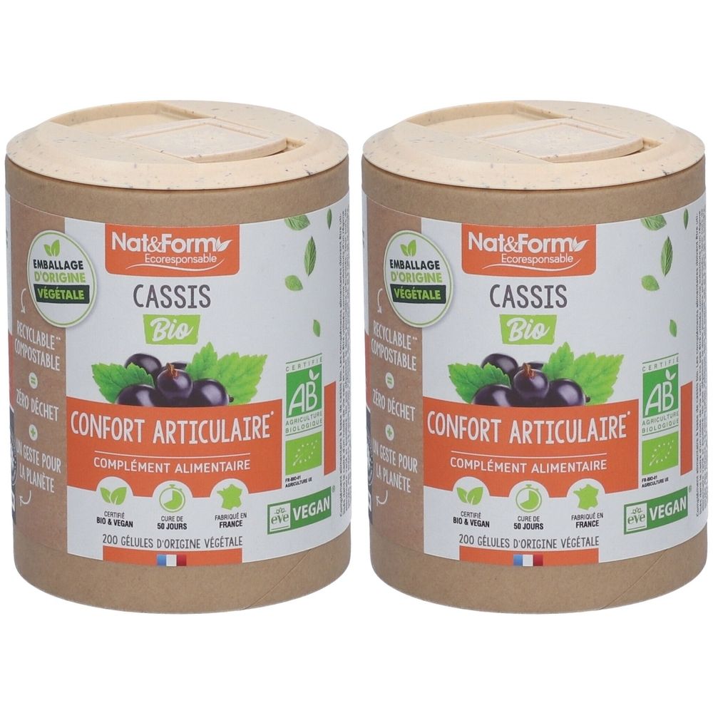 Zwei zylindrische Behälter mit Deckel. Aufschrift: Nat&Form, Cassis Bio, Confort Articulaire, Vegan. Französische Bio-Zertifizierung.